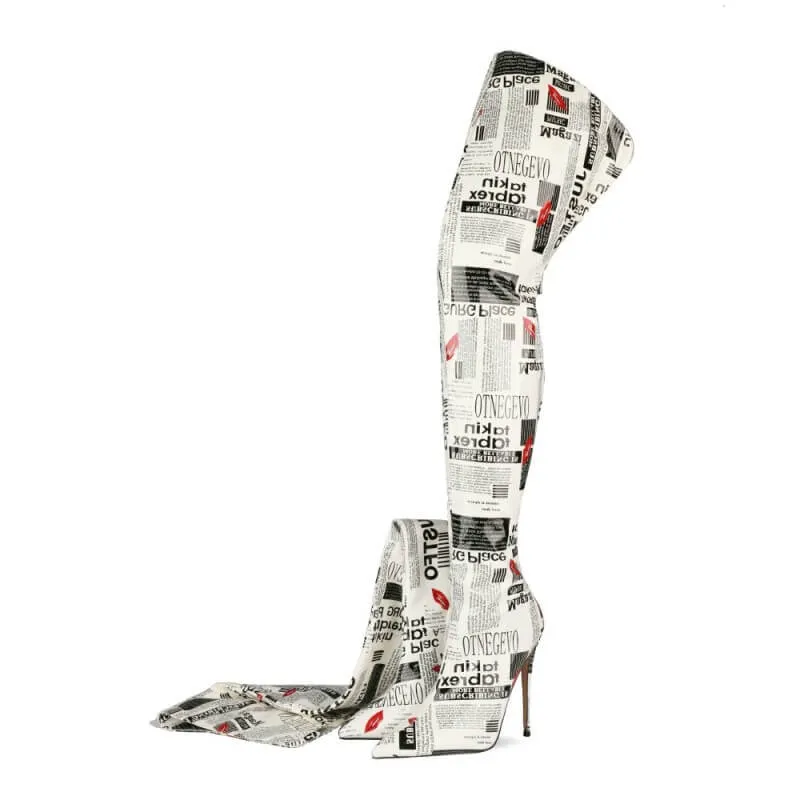 White Letter Print Pointed Toe High Heel Over Knee Boots