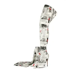 White Letter Print Pointed Toe High Heel Over Knee Boots