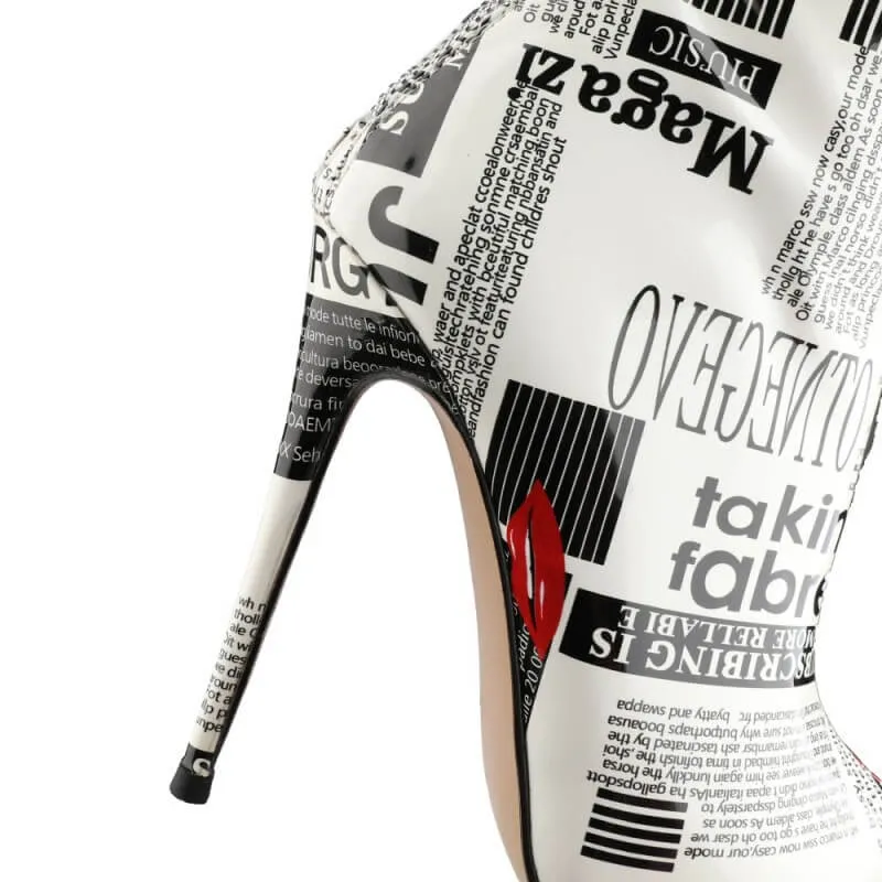 White Letter Print Pointed Toe High Heel Over Knee Boots