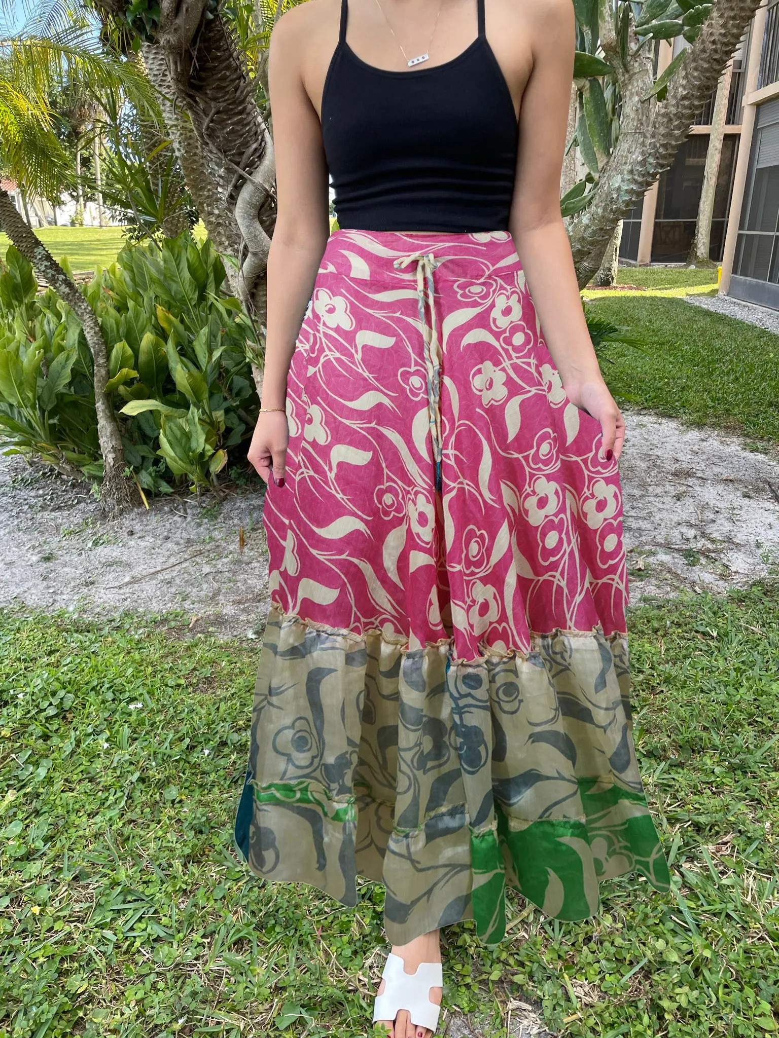 Women's Flowy Maxi Skirt Pink Floral Skirt Patchwork Boho Skirt Dress ML