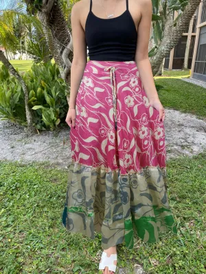 Women's Flowy Maxi Skirt Pink Floral Skirt Patchwork Boho Skirt Dress ML