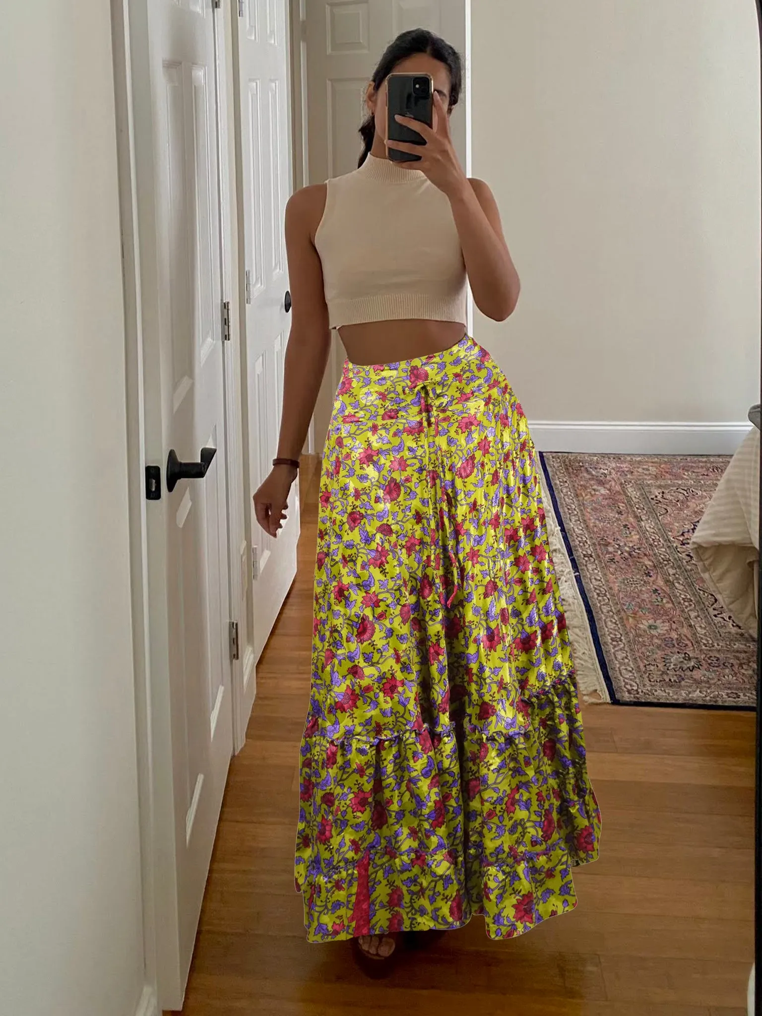 Women's Skirt Pickle Green Floral Maxi Skirt Patchwork Boho Skirt Dress M/L