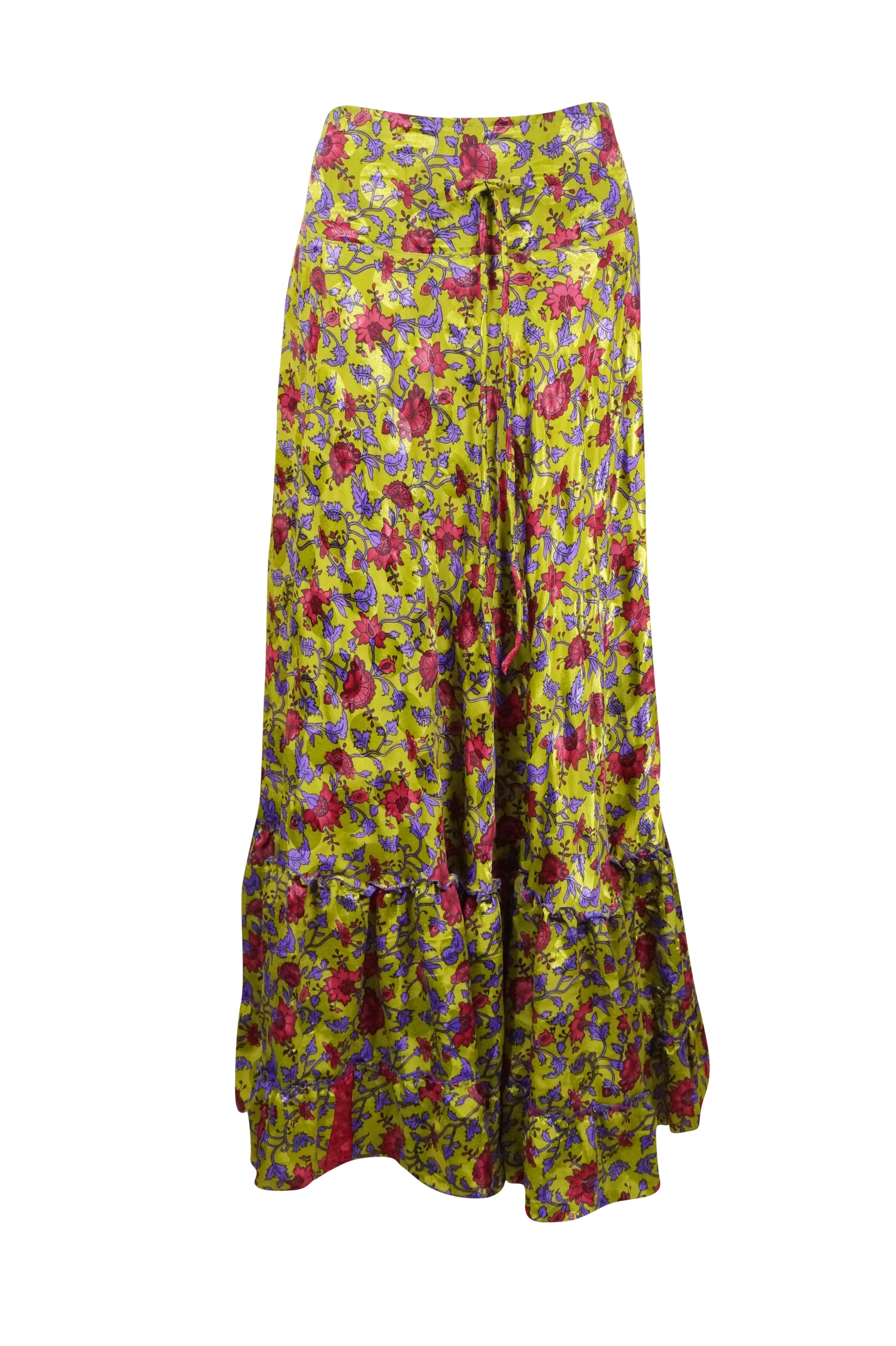 Women's Skirt Pickle Green Floral Maxi Skirt Patchwork Boho Skirt Dress M/L