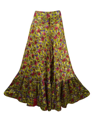 Women's Skirt Pickle Green Floral Maxi Skirt Patchwork Boho Skirt Dress M/L