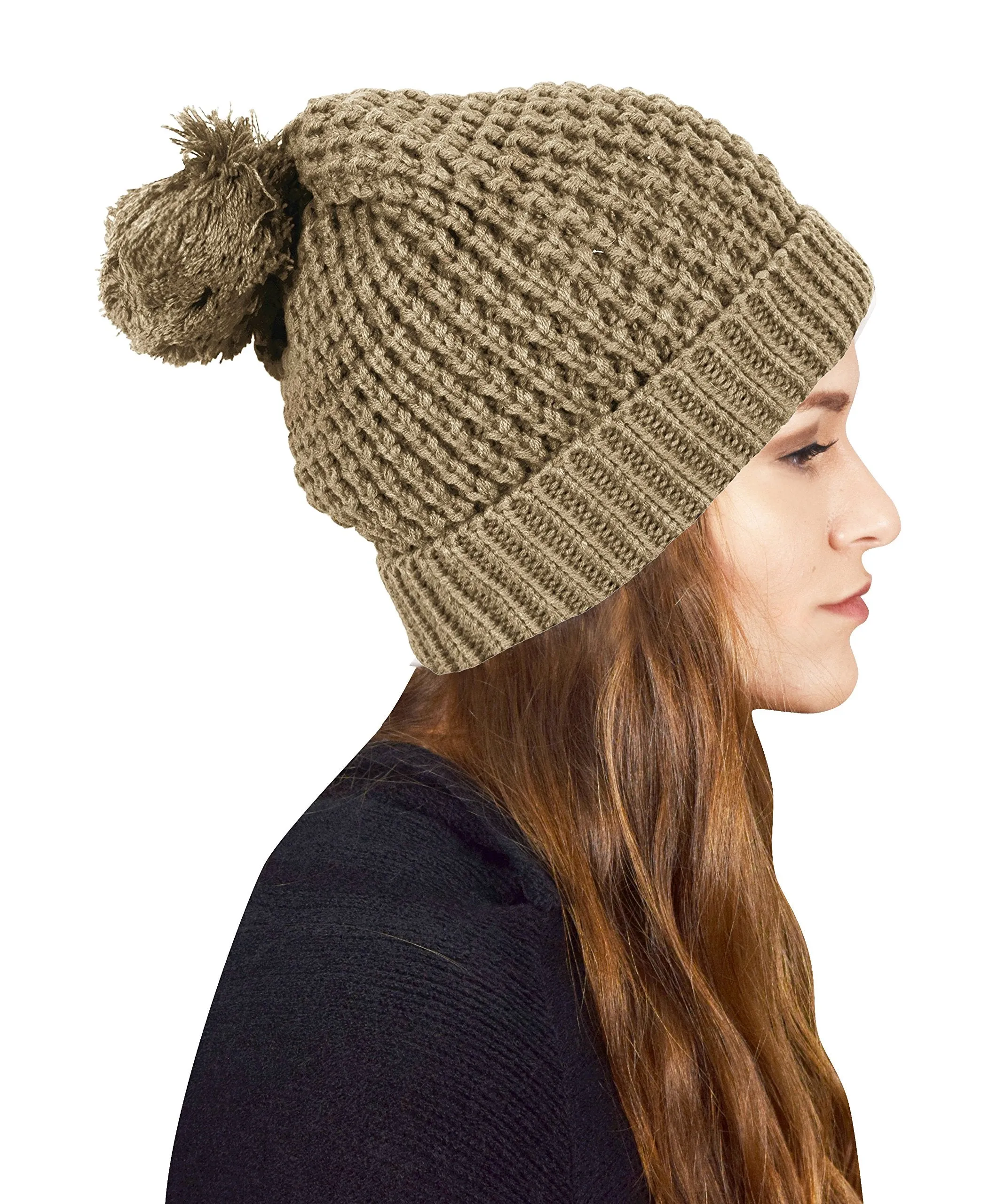 Women's Thick Knit Crochet Folder Over Pom Pom Winter Beanie Hat