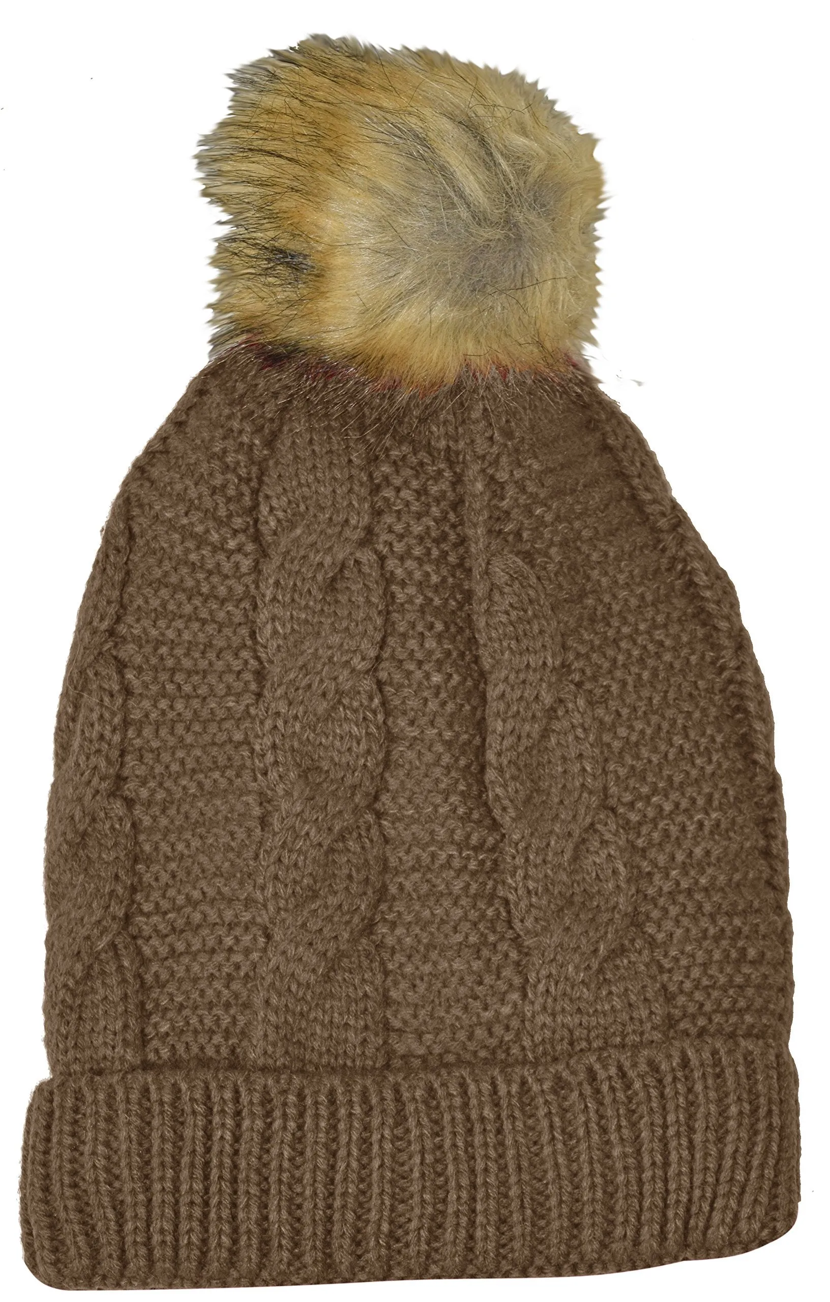 Women's Thick Knit Crochet Folder Over Pom Pom Winter Beanie Hat