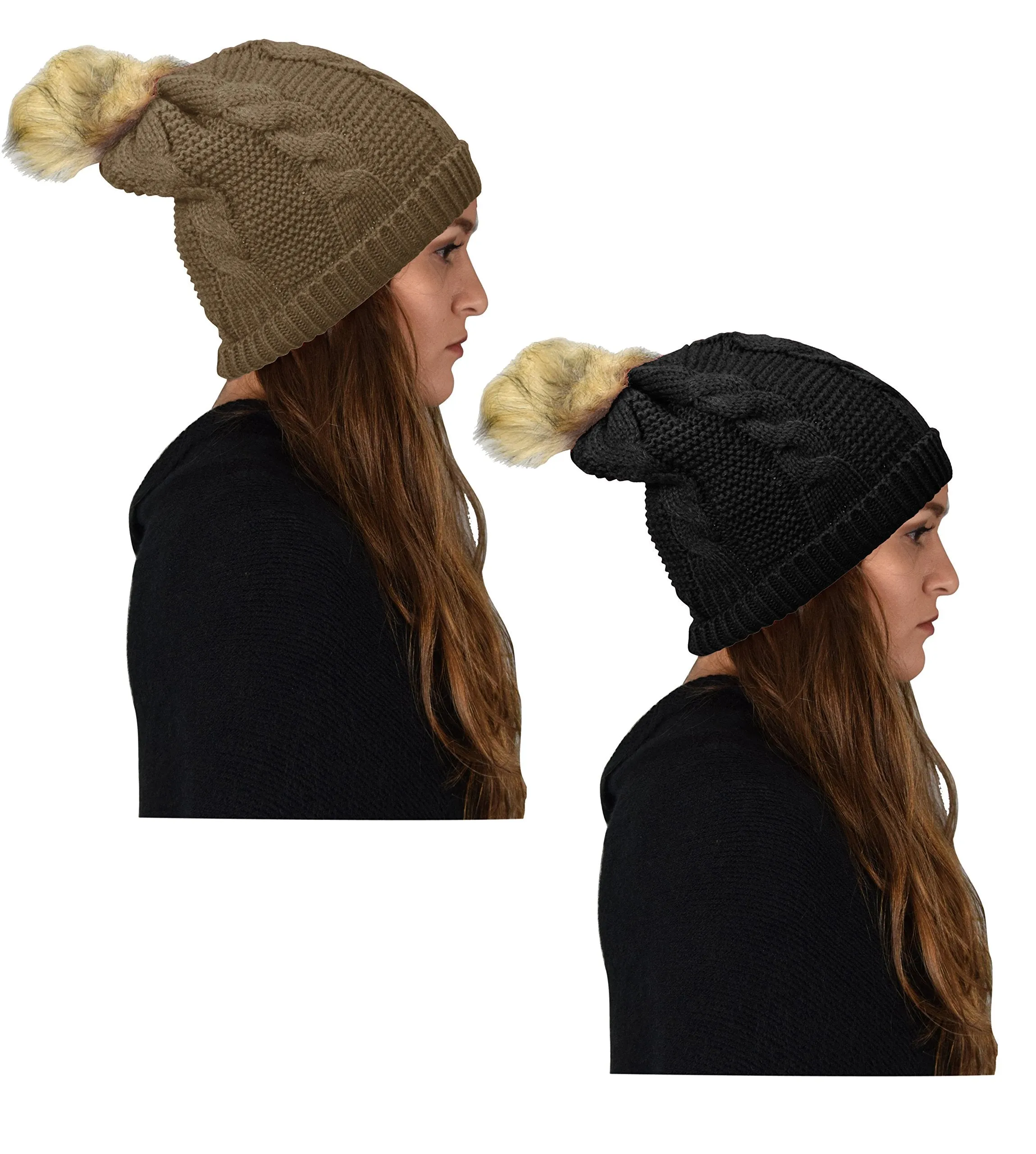 Women's Thick Knit Crochet Folder Over Pom Pom Winter Beanie Hat