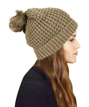 Women's Thick Knit Crochet Folder Over Pom Pom Winter Beanie Hat