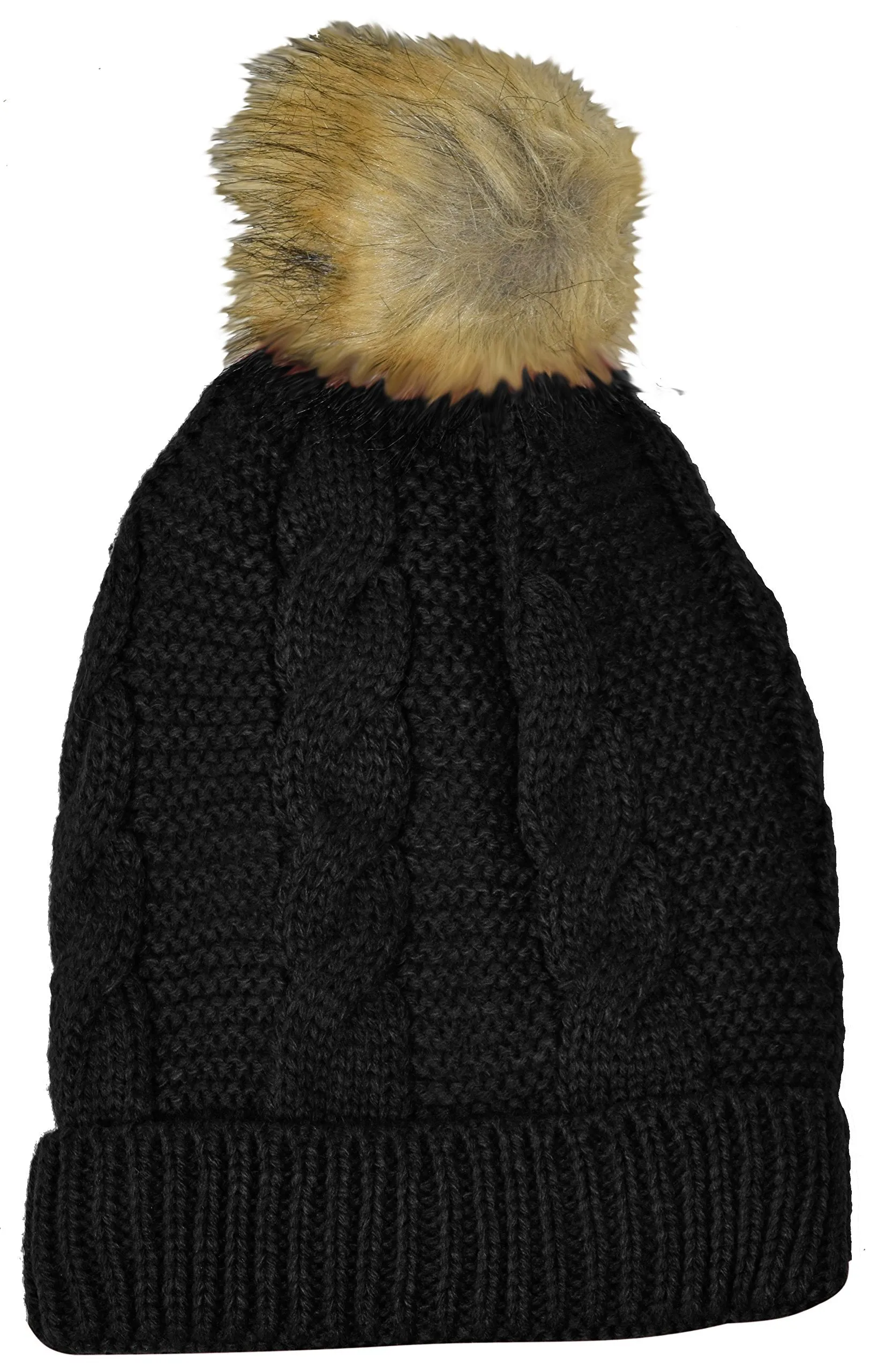 Women's Thick Knit Crochet Folder Over Pom Pom Winter Beanie Hat