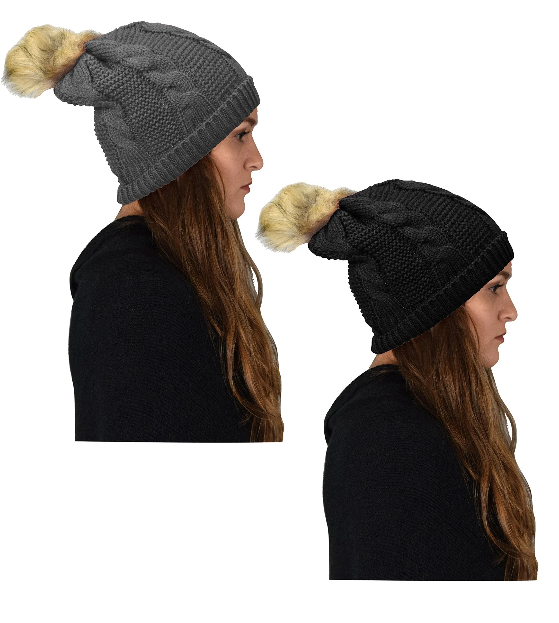 Women's Thick Knit Crochet Folder Over Pom Pom Winter Beanie Hat