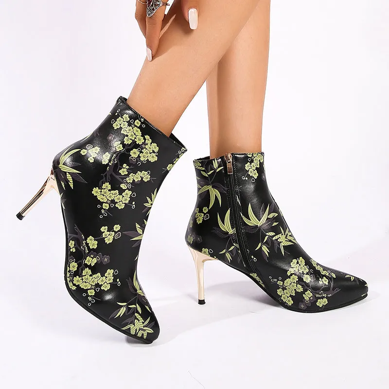 Women's vintage stylish flower printed booties stiletto heels