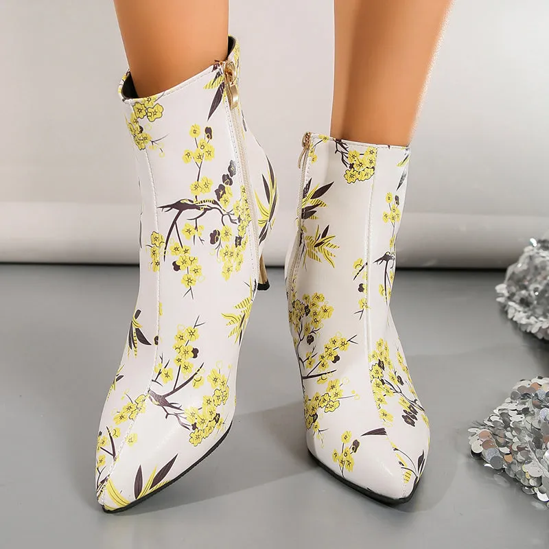 Women's vintage stylish flower printed booties stiletto heels