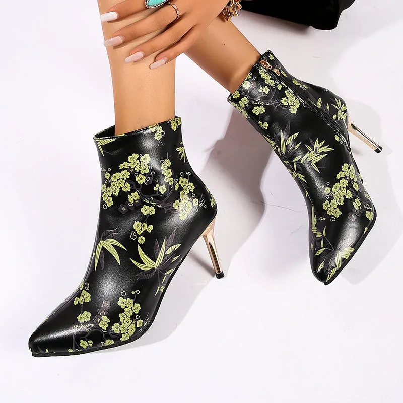 Women's vintage stylish flower printed booties stiletto heels