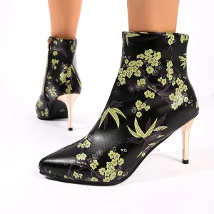 Women's vintage stylish flower printed booties stiletto heels