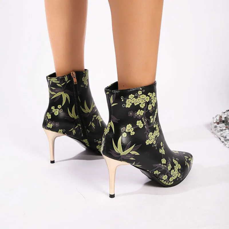 Women's vintage stylish flower printed booties stiletto heels